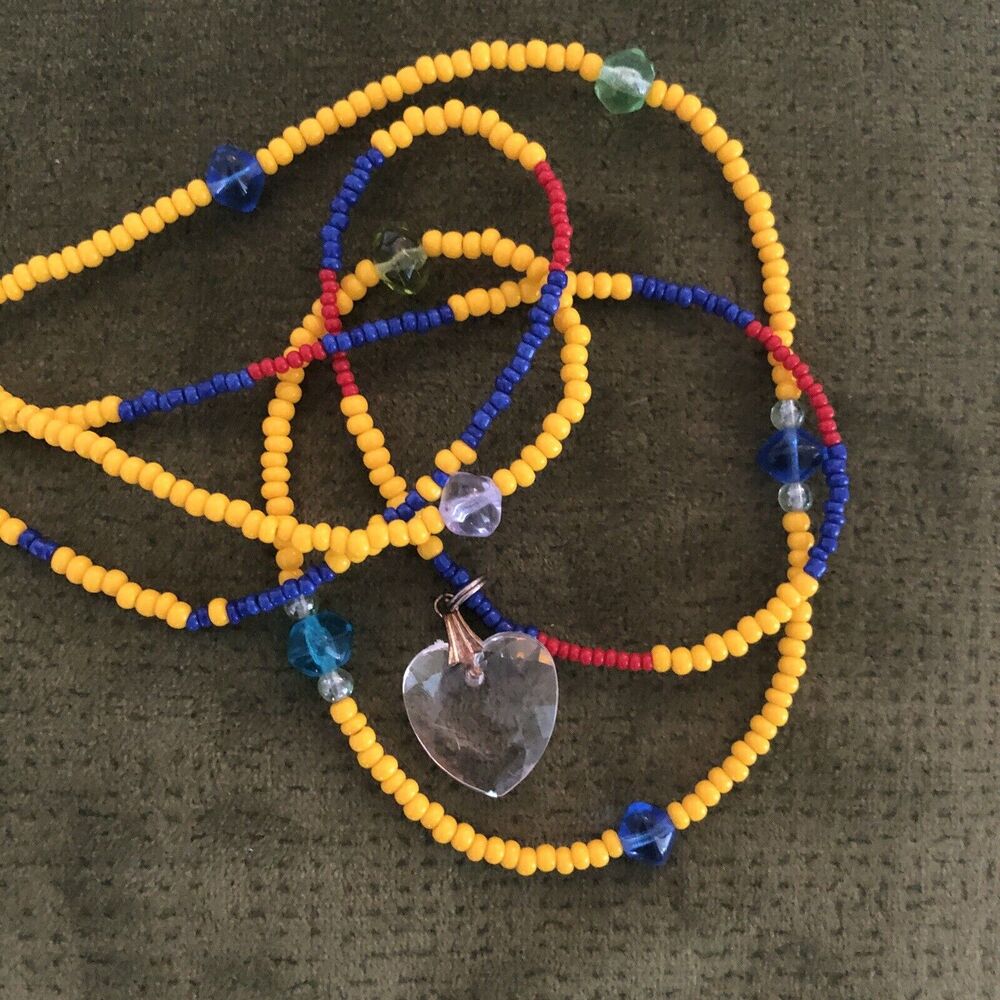 Hand Beaded Necklace Glass Beads Crystal Heart Pendant 9” Lot of 2